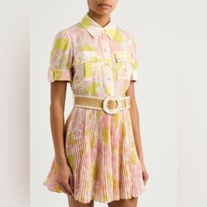 ZIMMERMANN POP PLEATED MINI SHIRT FLORAL DRESS WITH BELT